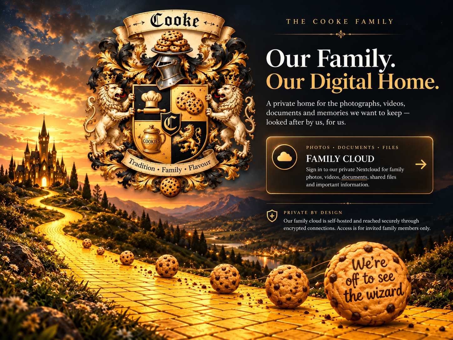 Cooke Family crest above a golden road with cookies leading toward a castle, alongside Family Cloud information.